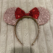 Women's Mouse Ears Headband Pink Sequin Glitter with Red Bow Hair Accessory