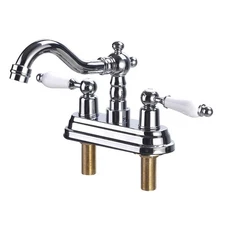 Chrome Polished Brass Centerset Faucet 4" L White 2 Handles Labeled Hot and Cold