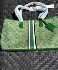 Tory Burch T Monogram Tote Green Zip Top Gold Hardware w/ Luggage Tag