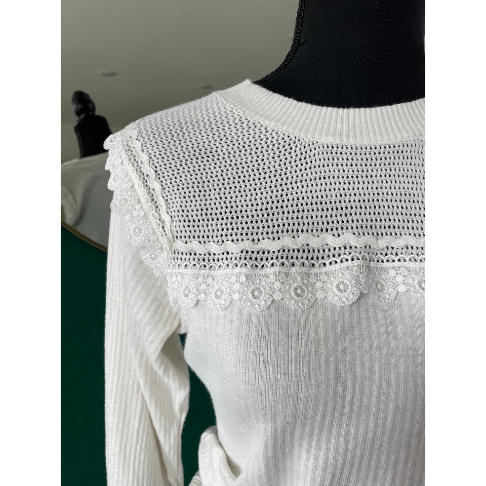 Elie Tahari Sweater Women XS Ivory Long Sleeve Ribbed Knit Lace Trim Cottagecore - Image 2 of 4