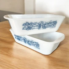 2 Glasbake Currier And Ives Milk Glass Loaf Pan’s J-522 Harvest Scene