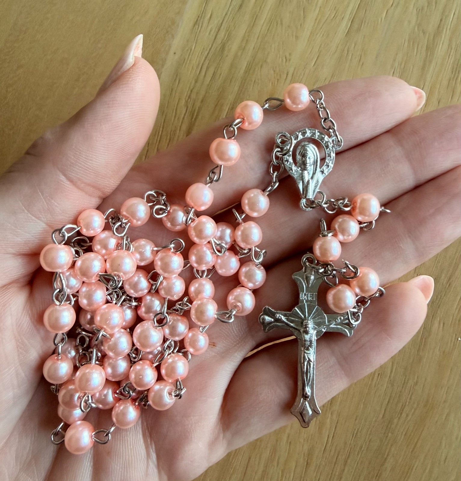 Pink Pearl Rosary Beads for Catholics Prayer - New — image 2