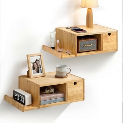 Floating Nightstand Set of 2 with Charging Station, Wall Mount Night Stands with