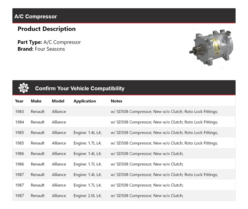 Compresor de aire acondicionado Renault Alliance 1983-1987 4 estaciones 1984 1985 1986 Foto 2 de 4