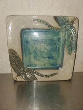 Stunning Handpainted Dragonfly Pottery Trinket Dish Green Blue Tan