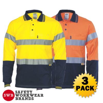 3 x DNC Workwear Mens Hi Vis Cotton Polo Reflective Tape Long Sleeve ...