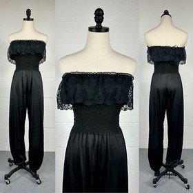 Vintage 80s Black Nylon Strapless Harem Jumpsuit Smocked Bodice Lace Trim Small