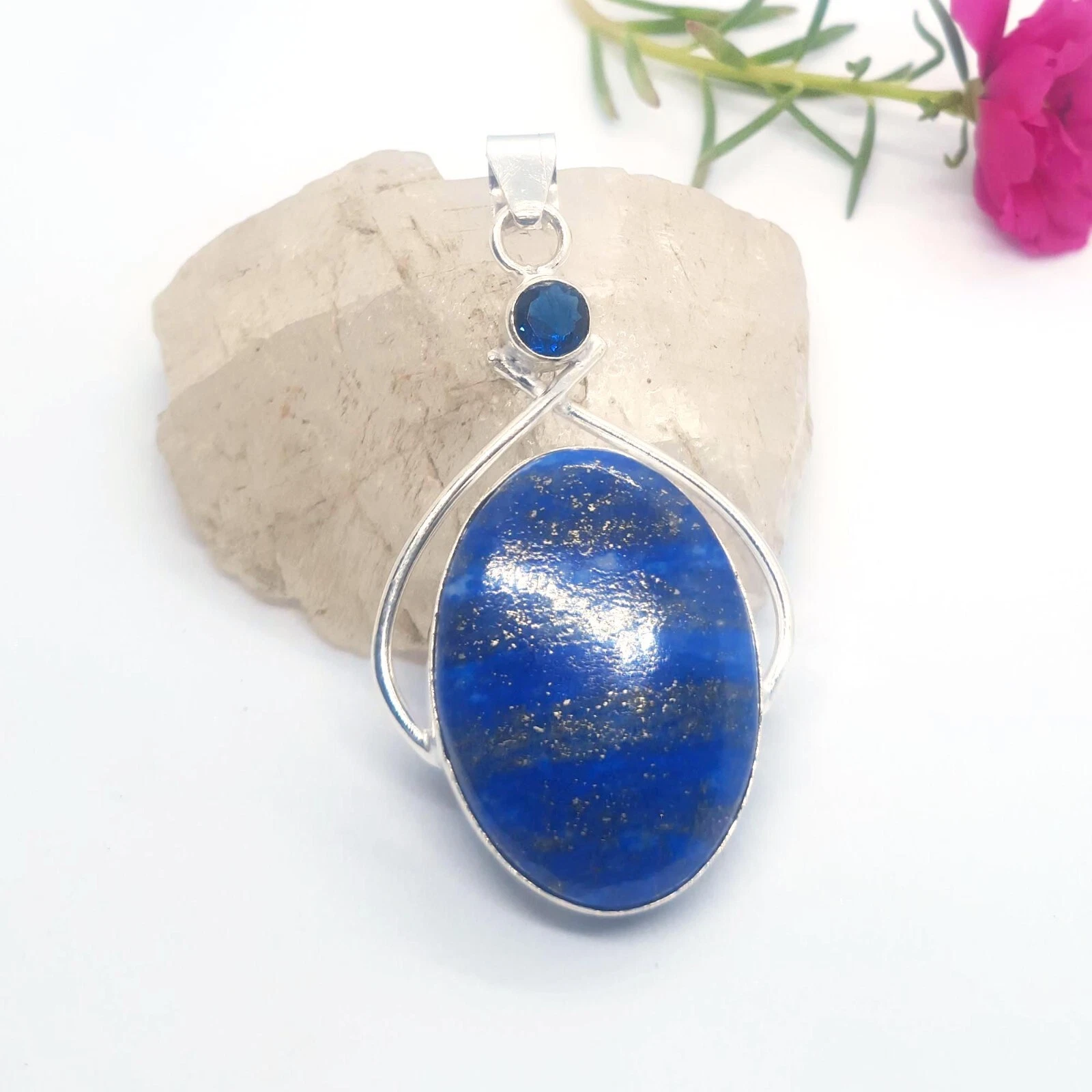 VETEMENTS Ciondolo Argento Sterling 925 Lapislazzuli Pietra Preziosa Quarzo Blu 2 5"