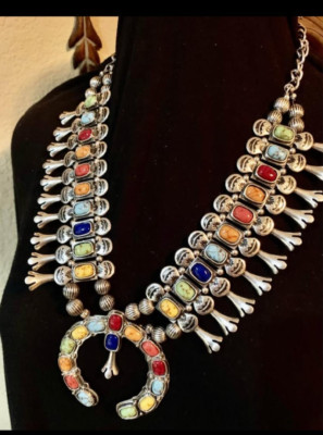 NEW gorgeous multi colored stones squash blossom necklace w/matching earrings