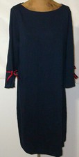 New Womens Talbots Dress L Sheath Navy Blue Red Bow Sleeves Slit Cotton Nice Kni