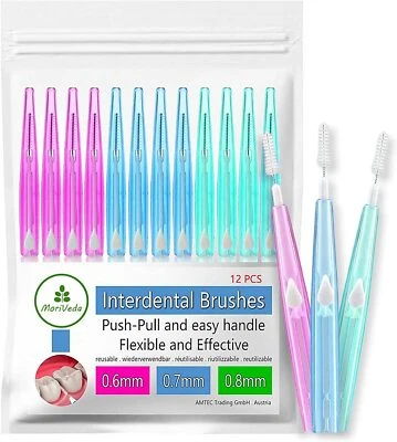 MoriVeda® 12x Interdentalbürsten 0.6/0.7/0.8mm/Mix - Push-Pull inkl. Versand