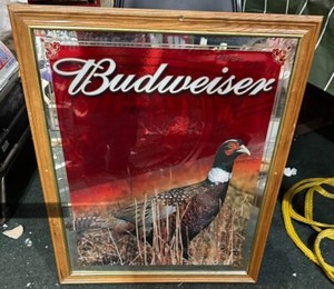 VINTAGE LARGE BUDWEISER BEER PHEASANT BIRD HUNTING MIRROR SIGN 33X28