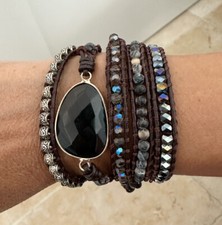 Faceted Crystal with Natural Stones Beads and Leather Mix Wrap Bracelet Black
