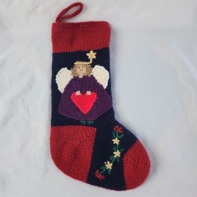 Knit Yarn Angel Heart Christmas Stocking Wool Navy Blue Burgundy Primitive
