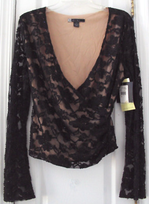 NEW JS BOUTIQUE LARGE 10/12 LACE OVERLAY W/ SEQUINS FAUX-WRAP MESH NET TOP SHIRT