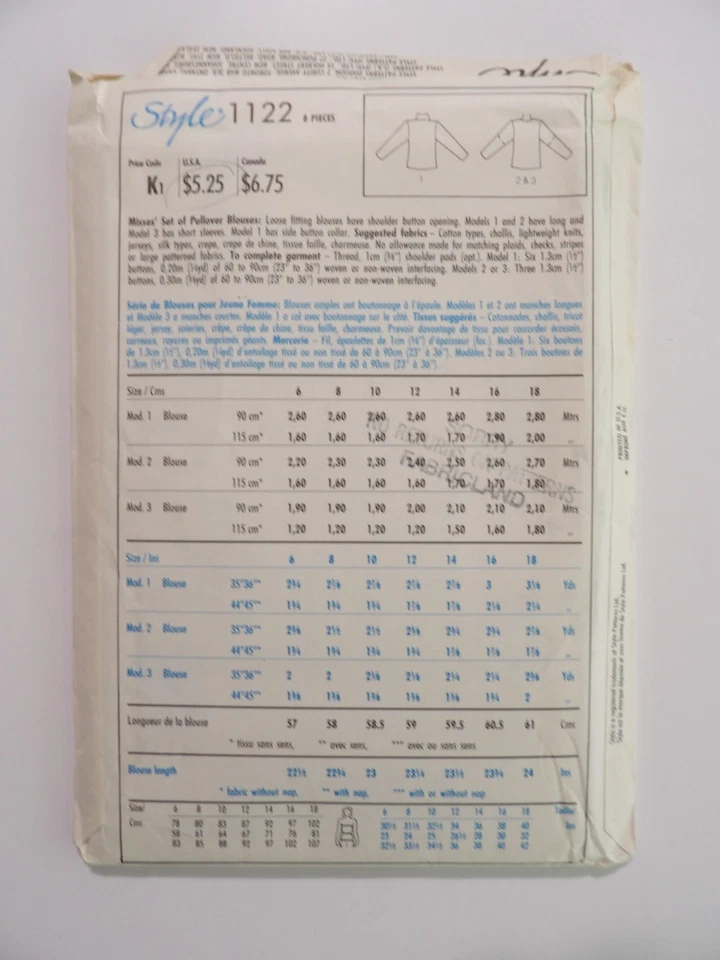 Style 1122 Misses' Set of Pullover Blouses Size 6-8-10 Uncut Sewing Pattern - Image 3 of 3