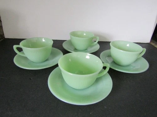 Vtg FIRE KING Jadeite Jane Ray Ribbed Tea Cup & Saucers SET OF 4 VGUC