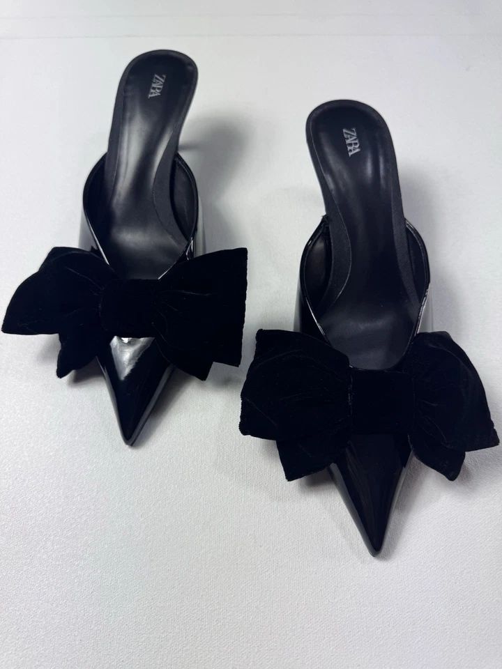 Zara Negro Punta Punta Gatito Tacón Imitación Charol Mules Arco Talla 39 Foto 3 de 4