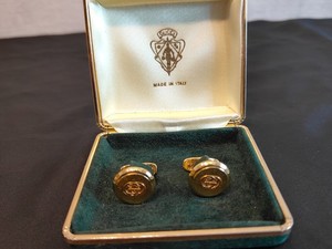 Authentic Gucci Cufflinks Tie Bar Clip Gold Plated G Twin Logo Interlocking Emblem w/ Box