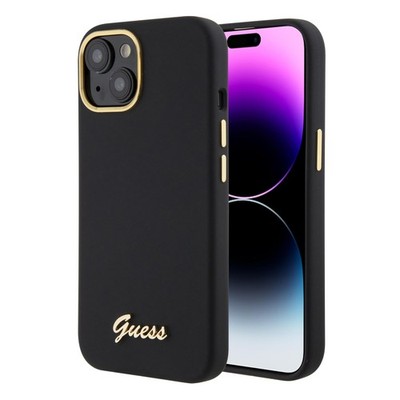 Guess Hülle für iPhone 15 14 13 Silikon Hardcase Schwarz Script Metal Logo & Fra