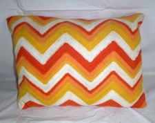Vtg 60s 70s Handmade Cotton Crochet Zig Zag Throw Pillow Orange Yellow 17x12x4"