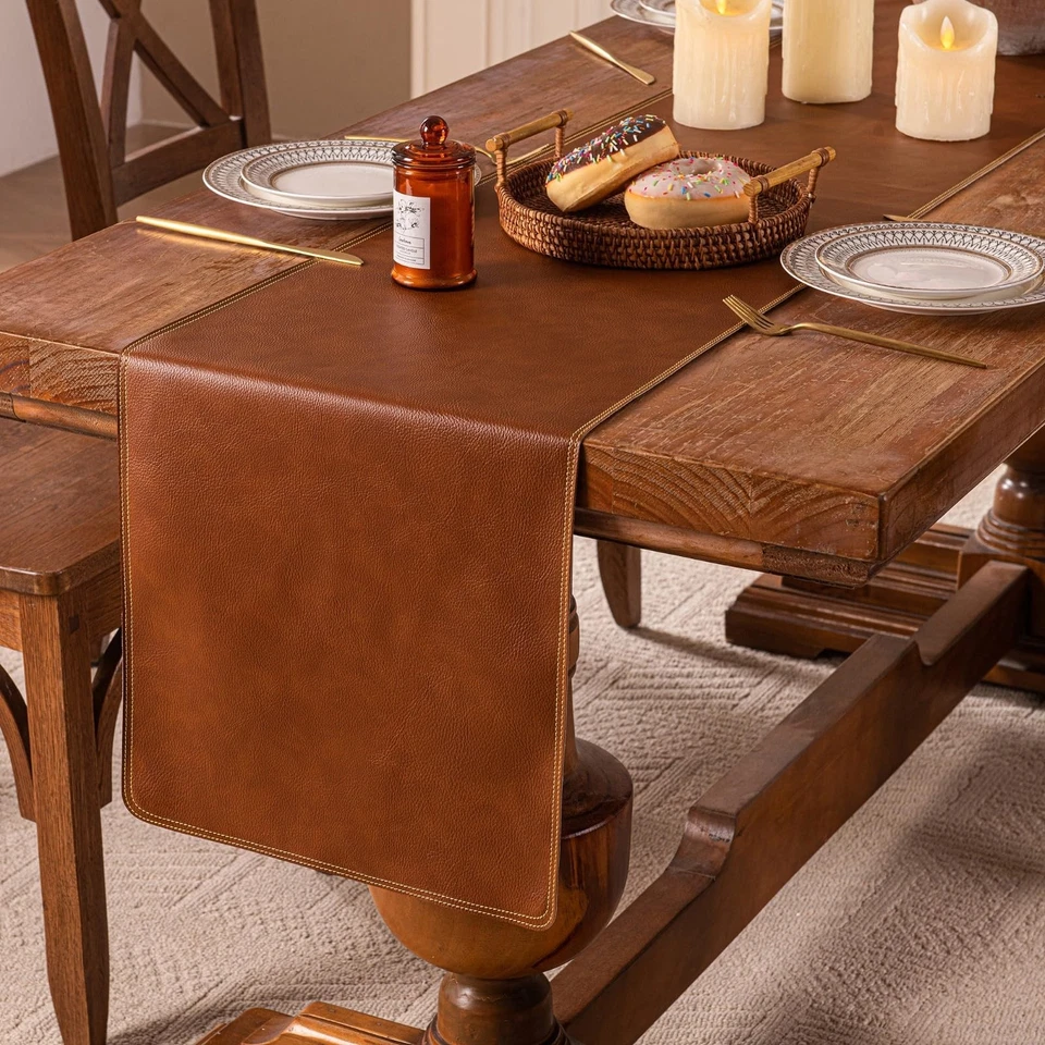 PU Leather Table Runner 71×13 Inches Long,Brown Vintage Waterproof Coffee/Tea... - Image 4 of 4