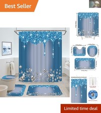 4 Pcs Glitter Diamond Shower Curtain Set with Rugs - Luxurious Blue Texture 7...
