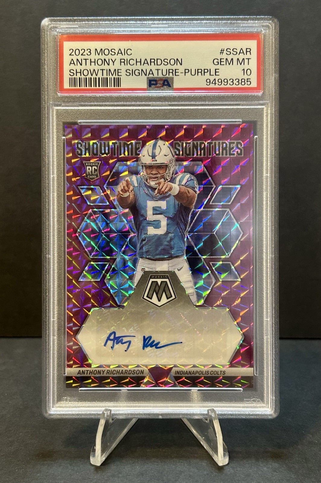 2023 Panini Mosaic #SS-AR Anthony Richardson Showtime Signatures Purple #/15