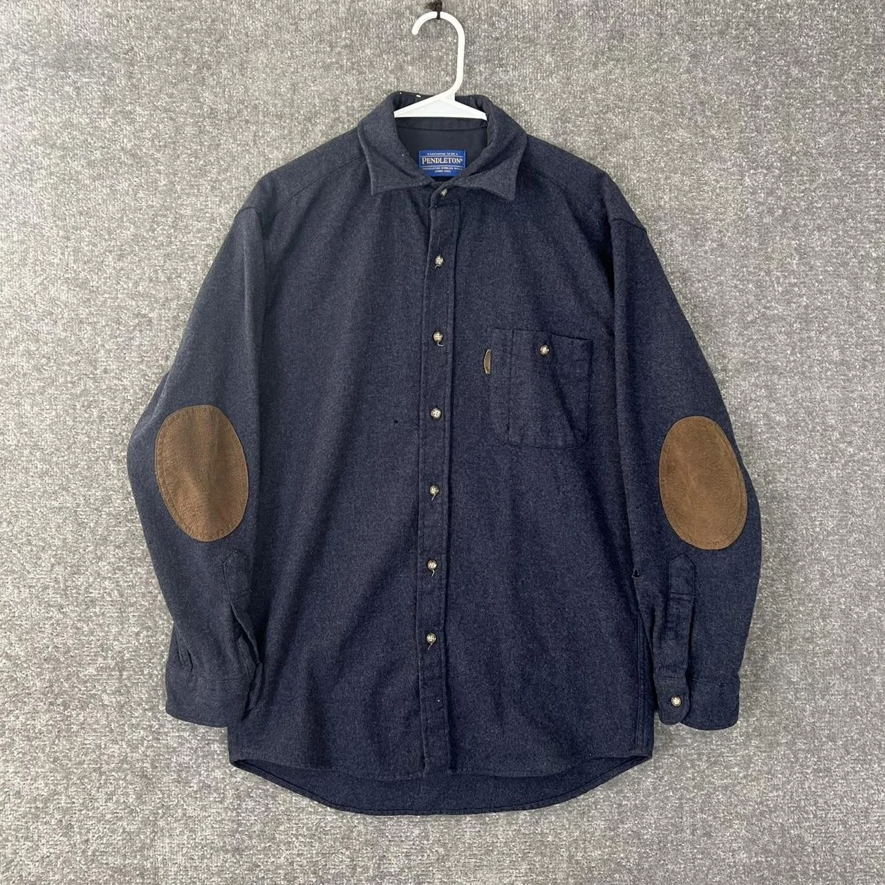 Pendleton Trail Shirt Mens M Fitted Blue Wool Suede Elbow Patch Western Hiking