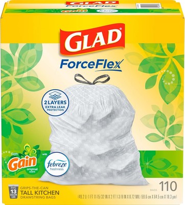 Glad Forceflex Tall Kitchen Trash Bags, 13 Gal,Gain Original with Febreze 110 Ct