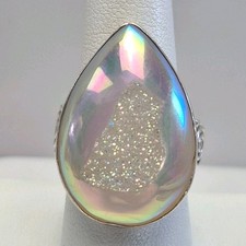 Modern Sterling Silver 925 MM Or WW Angel Aura Quartz Druzy Teardrop Ring Sz 10