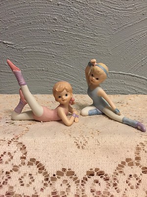 HOMCO ''Two Girl Ballerinas Doing A Stretching Workout'' Porcelain Figurines #1406