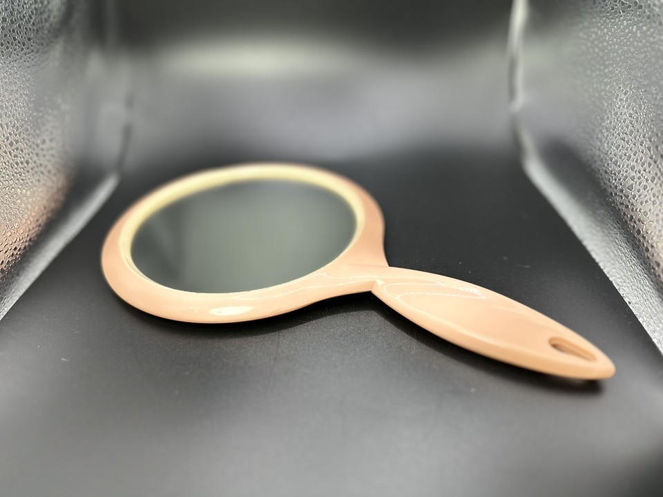 Vintage Plastic Hand Mirror Double Side Pink Peach USA One Side