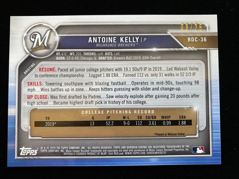 2019 Bowman Chrome Draft Sapphire ANTOINE KELLY 1st Rookie ORANGE REFRACTOR #/25 - Image 2 of 3