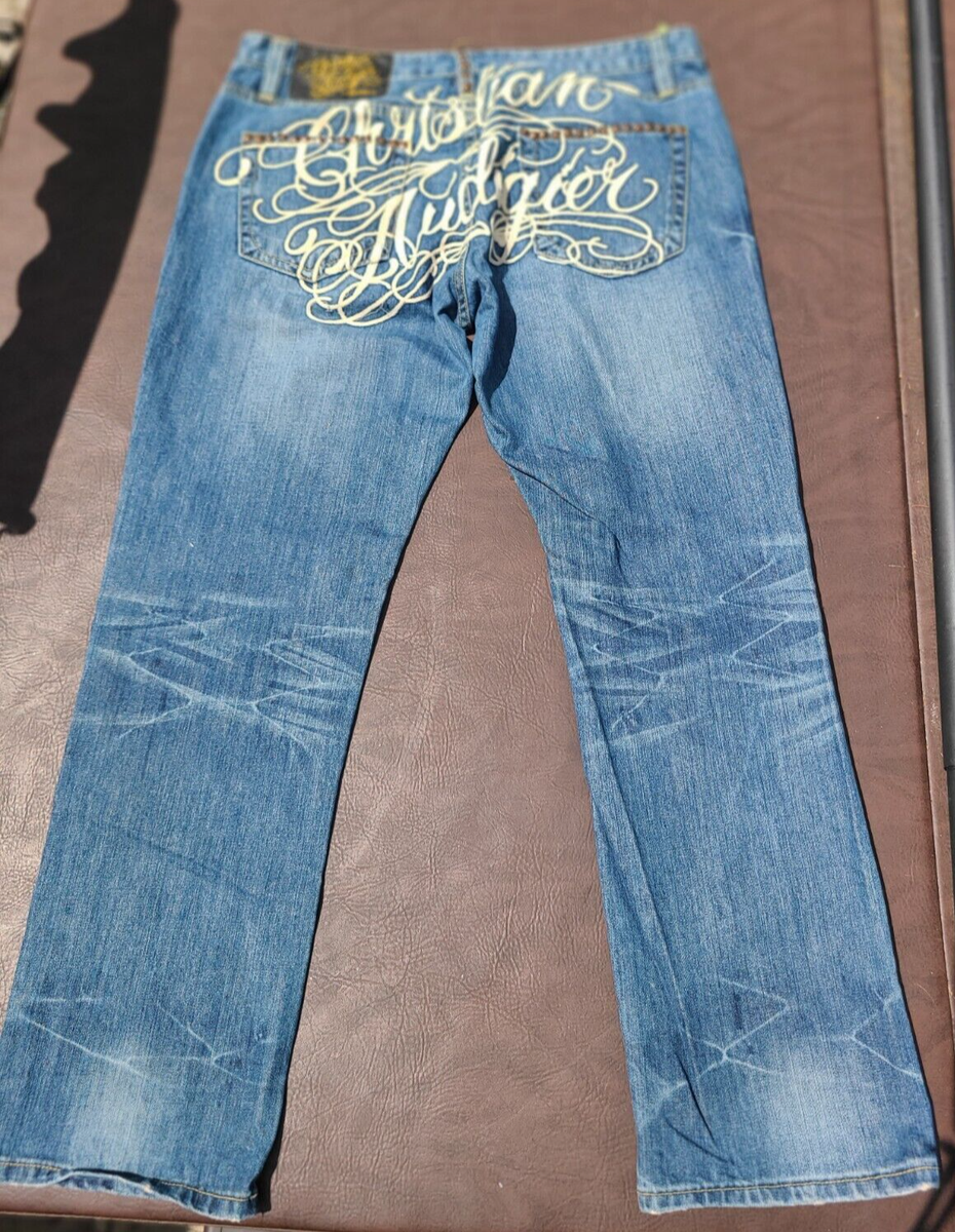 Men's 38 CHRISTIAN AUDIGIER Distressed Studded Denim LOGO Jeans