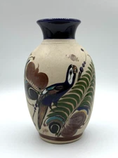 Vintage Tonala Folk Art Pottery Vase Signed Mateos Mexico Parrot Butterfly Bird