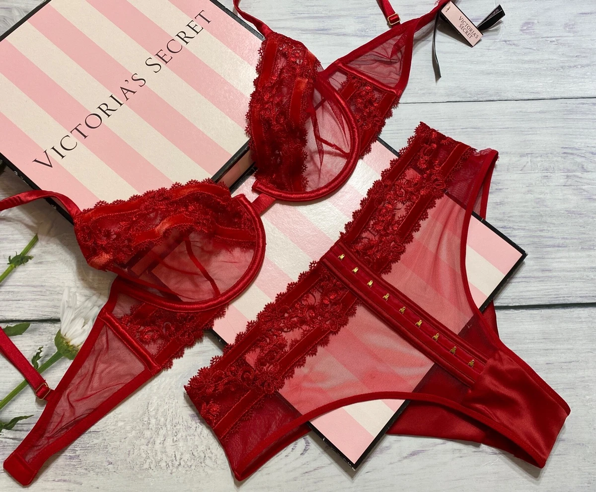 Victoria's Secret LUXE LINGERIE Unlined Demi Bra Cheeky Set Velvet Trim Red