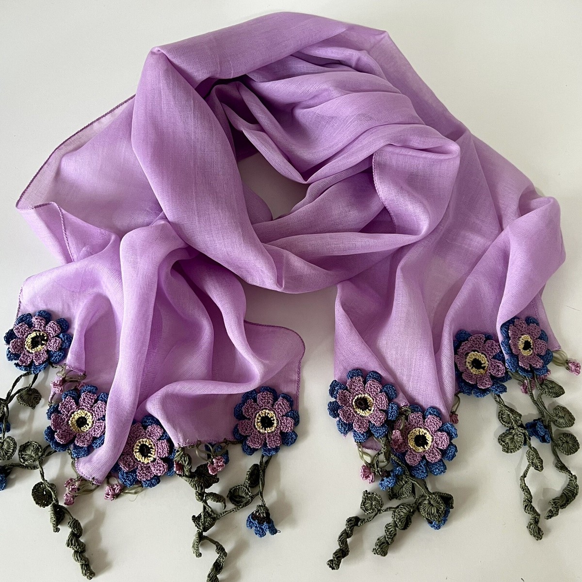 Purple Cotton Flower Crochet Scarf, Spring Lightwear Wrap, Unique