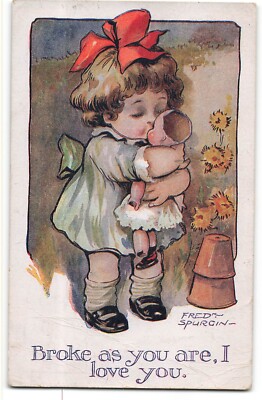 Fred Spurgin gebrochene Puppe süßes Kind küsst Liebe 1919 Postkarte