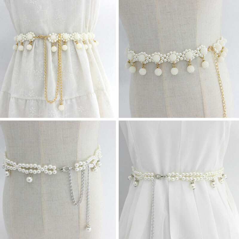 Women Metal Waist Chain Belt Dress Imitation Pearl Waistband