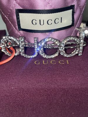 AUTHENTIC GUCCI CRYSTAL EMBELLISHED LOGO HAIR SLIDE CLIP SILVER TONE NEW