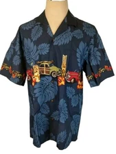 Winnie Fashion Hawaiian Shirt Men XL Surf Board Woody Hot Rods Cars Aloha Blue