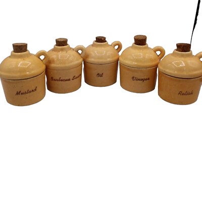 5 Vintage Condiment Ceramic Jugs Oil Vinegar Mustard Relish Barbeque Sauce 1960s