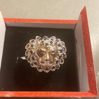 Neuer maßgefertigter Löwe Ring 925 Sterling Silber echter Saphir und hat Rubin Augen
