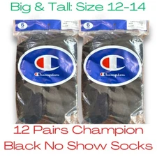 Champion 12 Pair Men's Black No Show Socks Size 12-14 New Big and Tall
