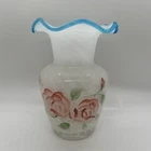 Vtg Fenton White Opalescent Swirl Vase Blue Crest Ruffled Rim Hand Painted Roses