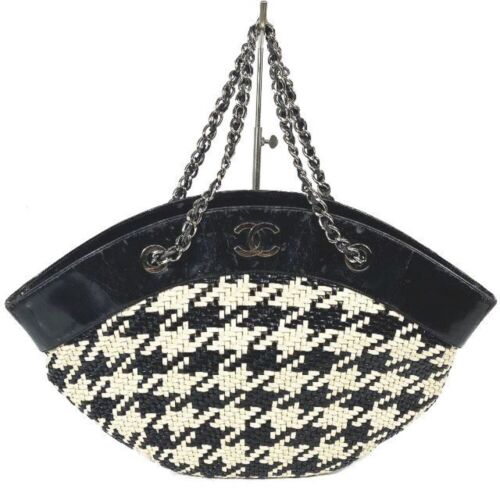 CHANEL Houndstooth Chain Shoulder Tote Bag Basket Cocomark Silver fitting Enamel - Afbeelding 1 van 8