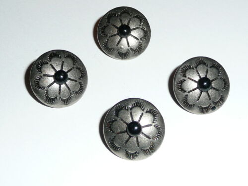 Four Concho Style Shank Buttons Antique Silver & Black w/ Center Black Cab 5/8" - Afbeelding 1 van 5
