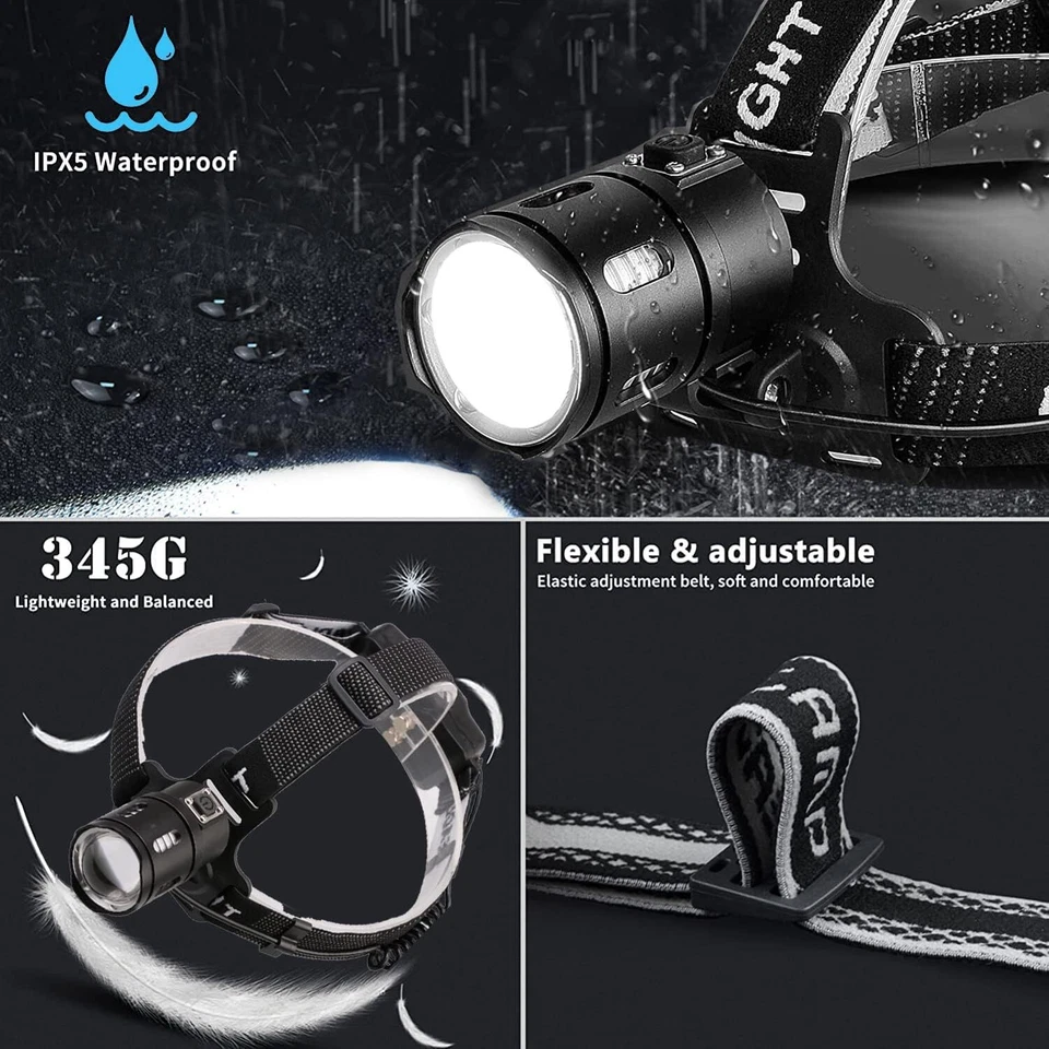 FARETTO FRONTALE YVKVO 15000 LUMEN XHP50 IMPERMEABILE PER SPORT ALL'APERTO - Immagine 2 di 4