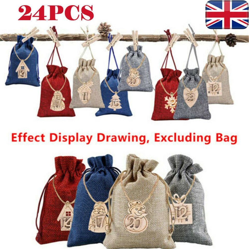 24* Merry Christmas Advent Calendar Bags,DIY Handmade Wooden Listing Labels - UK - Image 3 of 4